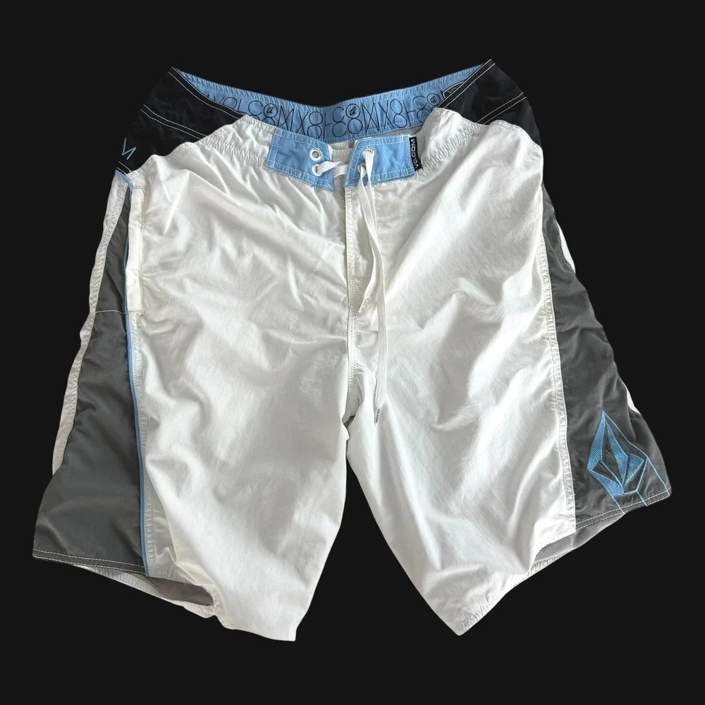 Y2K Volcom Board Shorts White Grey Colorblock Swim Trunks Sz‎ 34